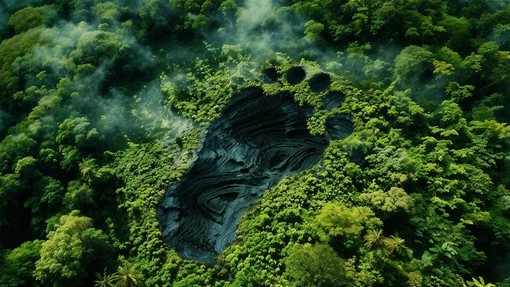 Digitally created image of a footprint shape creating a clearing in a rainforest