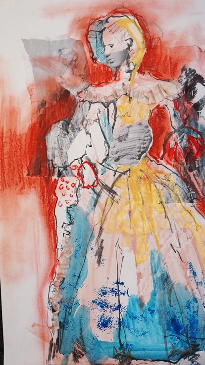 A sketchy fashion drawing using blues and oranges and yellow as colour 