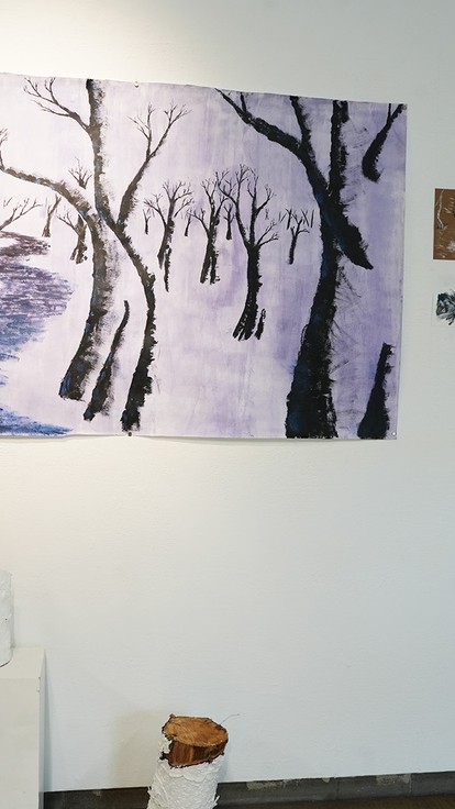 A forest scene with a river