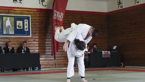 A judo match in action, featuring two people executing a technique on the ground, showcasing their strength and agility