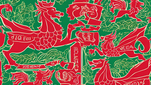 An abstract image of red dragons with a green background with Drama and Poetry written on it in welsh