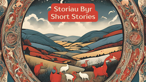 An abtract image with an ornate circle looking into abstract fields with short stories on as words