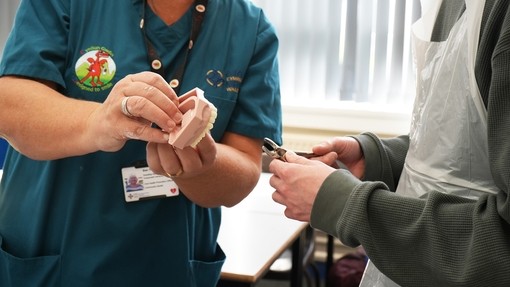 A dentist holding a pair of training gums and teeth showing a student
