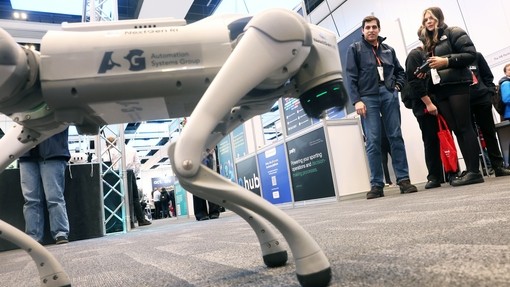 A robotic animal with people watching