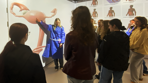 The group watching an immersive medical display