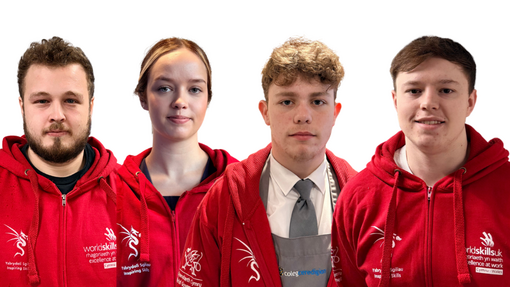 The four highly commended winners in a line all wearing Wales red hoodies 