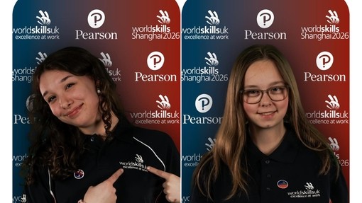 Shannon and Katy in WorldSkills UK kit and background branding