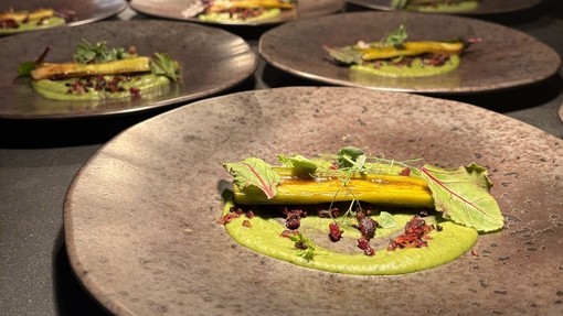 Plates being finished ready for serving, the food looks very high end and aesthetic