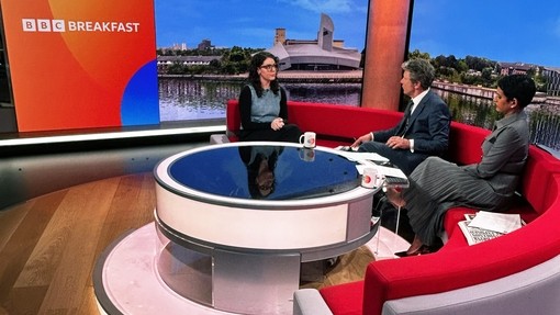 Georgia with two BBC presenters on the studio couch