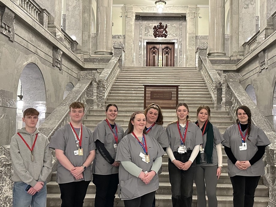 Students standing on stairs of a Government building in Alberts