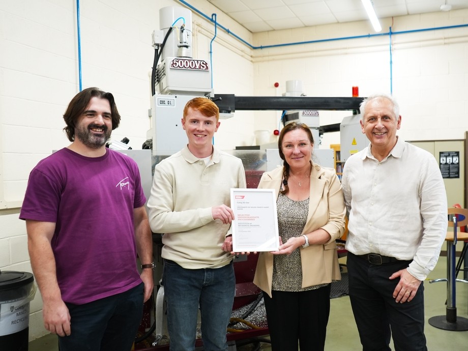 Karen, head of engineering with lecturer Chris and two engineering degree students