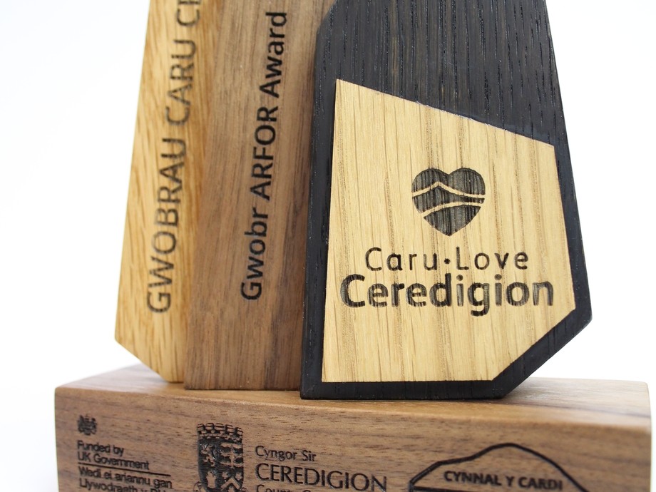 A close up of a wood award with Caru Ceredigion wording