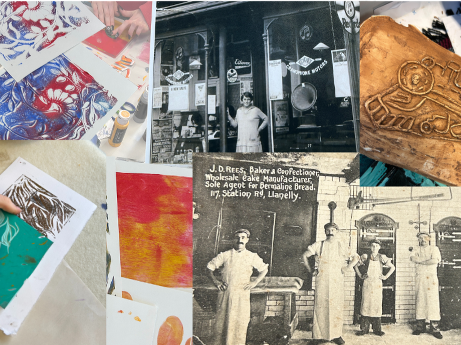 A montage of work, hands laying prints and so on with some old photos (probably early 1900s) of shops in Llanelli