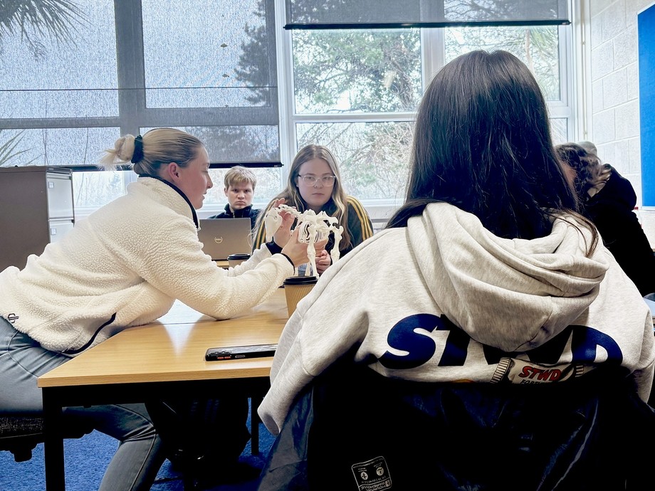 The vet physio leaning over a desk explaining some anatomy to students