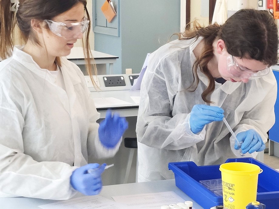 Two students in lab coats and glasses wearing PPE gloves conducting an experiment