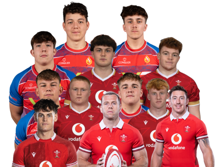 A montage of all the players it has helped all facing the camera in rugby shirts