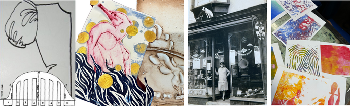 Montafe of student artwork including a drawing of a sleeve a black and white photo of a Llanelli shop front