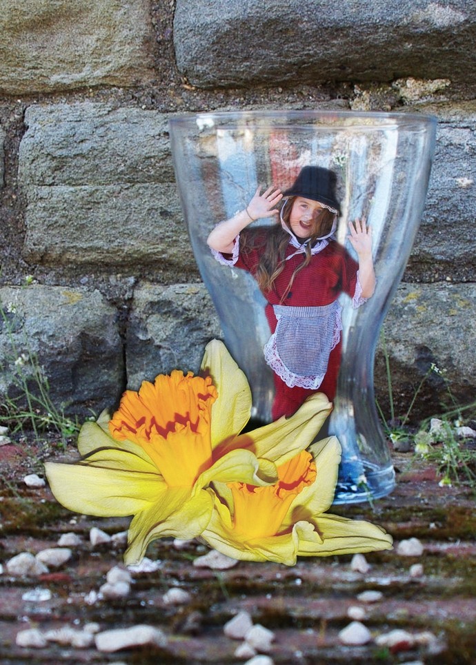 Ceirian's work which features a glass, traditional Welsh costume and daffodils