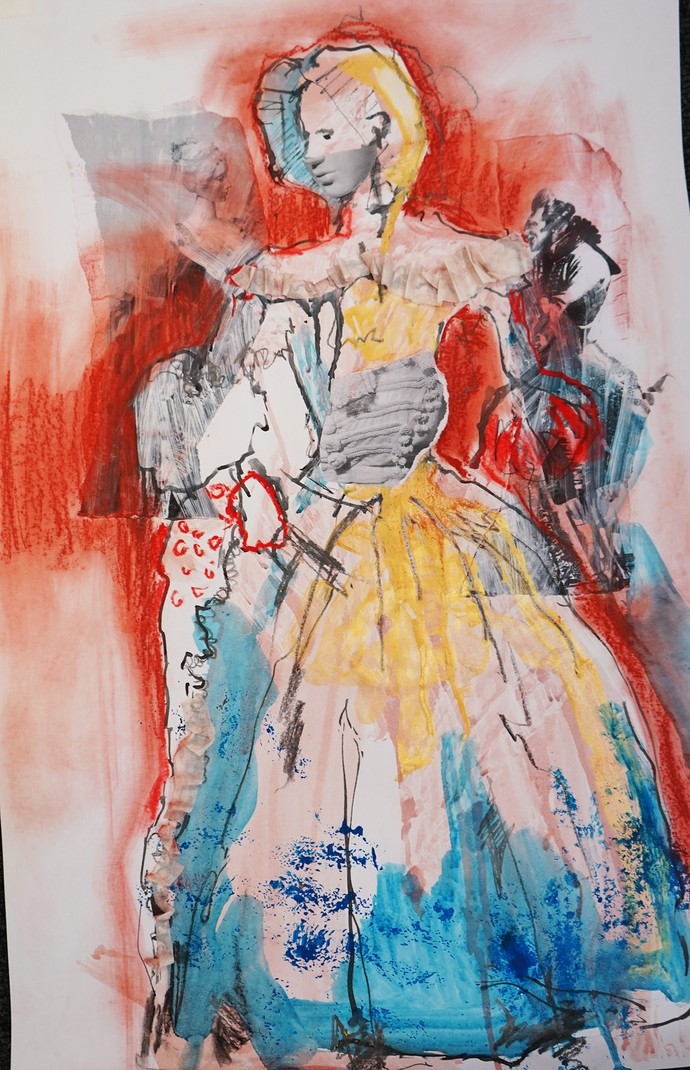 A sketchy fashion drawing using blues and oranges and yellow as colour