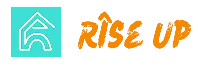 Ty Celf logo next to Rise up logo Ty celf is a blue square with a white house outline and Rise Up are just the words in orange