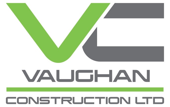 Vaughan Construction Ltd Logo (green and grey) Big V and E with Vaughan, a line, then Construction Ltd underneath