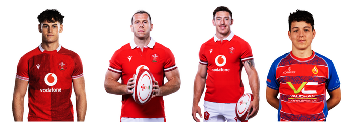 A row of rugby players facing the camera white background wearing various shirts