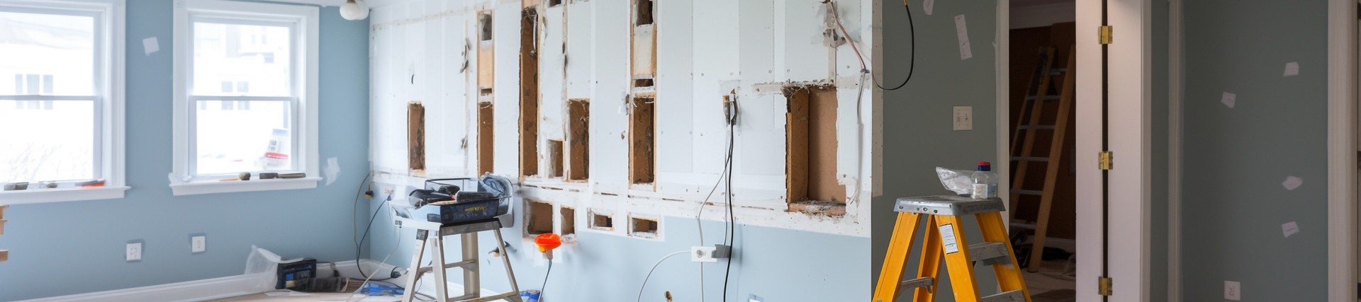 Construction site showing a ladder, tools and other construction equipment laid about the room