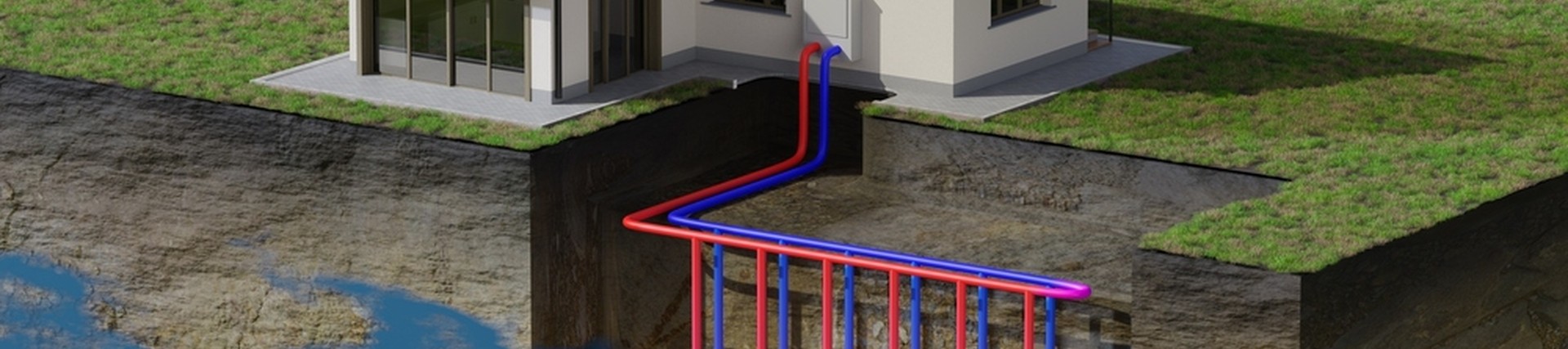 3D Model of a home, with a cross-section of the ground showing a thermal heating system underground