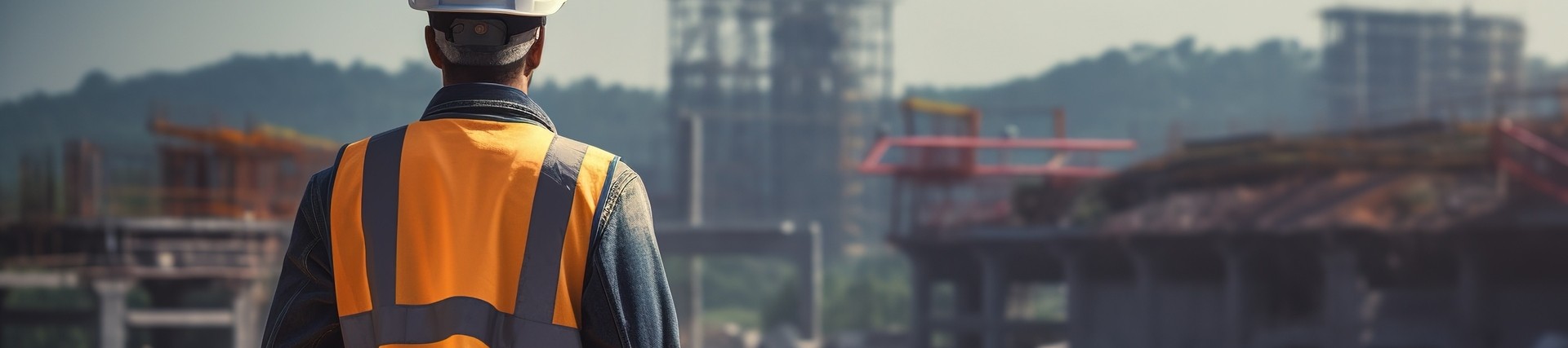 A drone pilot wearing hi vis and hard hat facing away, a drone is flying in the air