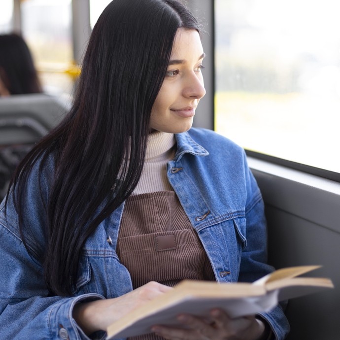 Student reading a book on the bus.