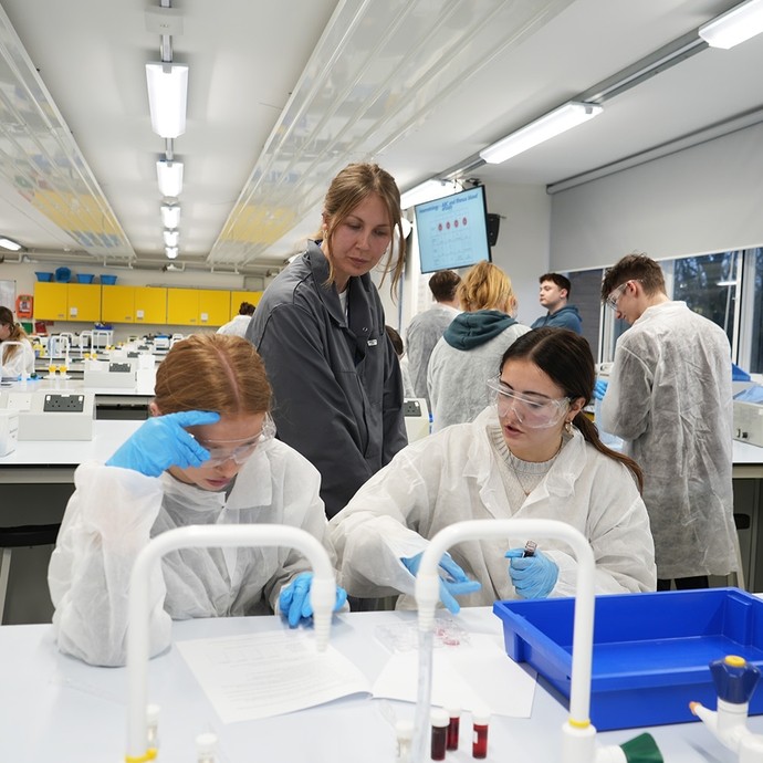 Students working in the uni lab with Dr April Rees 2024