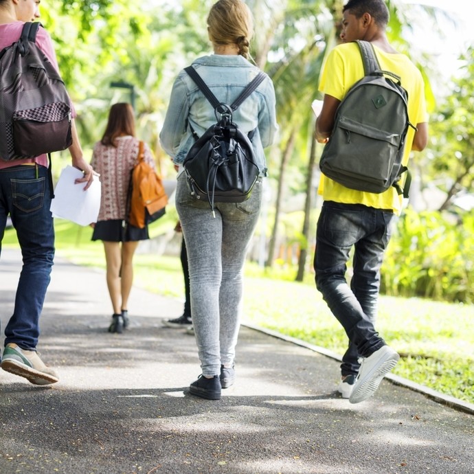 4 young people with backpacks, walking away from the camera in a sunny green park